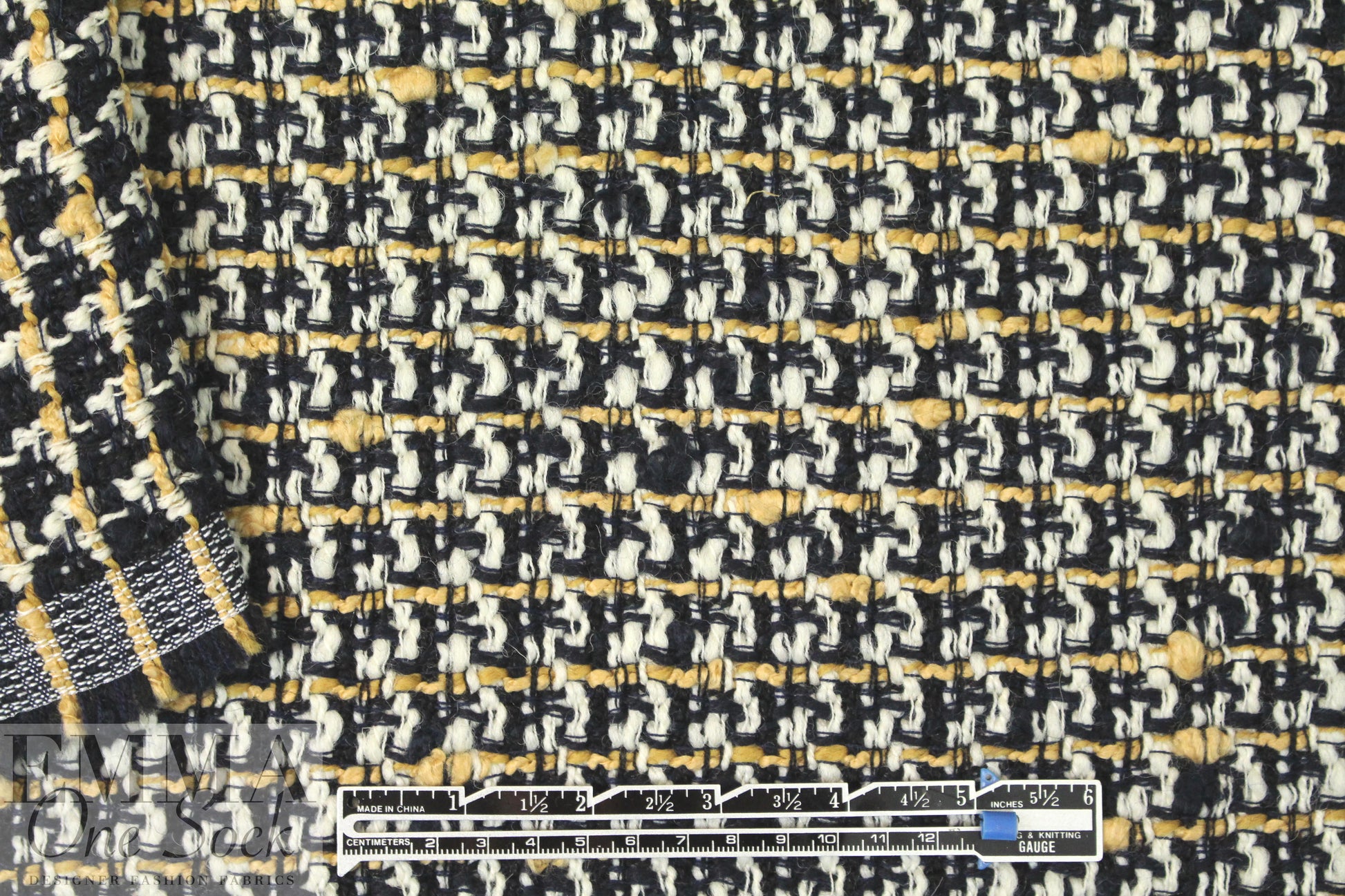 famous designer wool blend plaid boucle' - midnight/hay 2 yd
