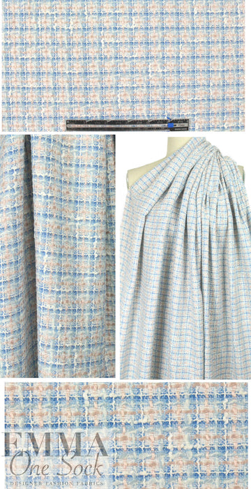 Italian  cotton blend textured plaid suiting - blue/peach