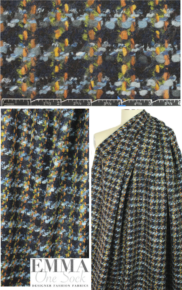 Italian wool blend boucle' plaid - navy/rust/lt. blue 1 yard