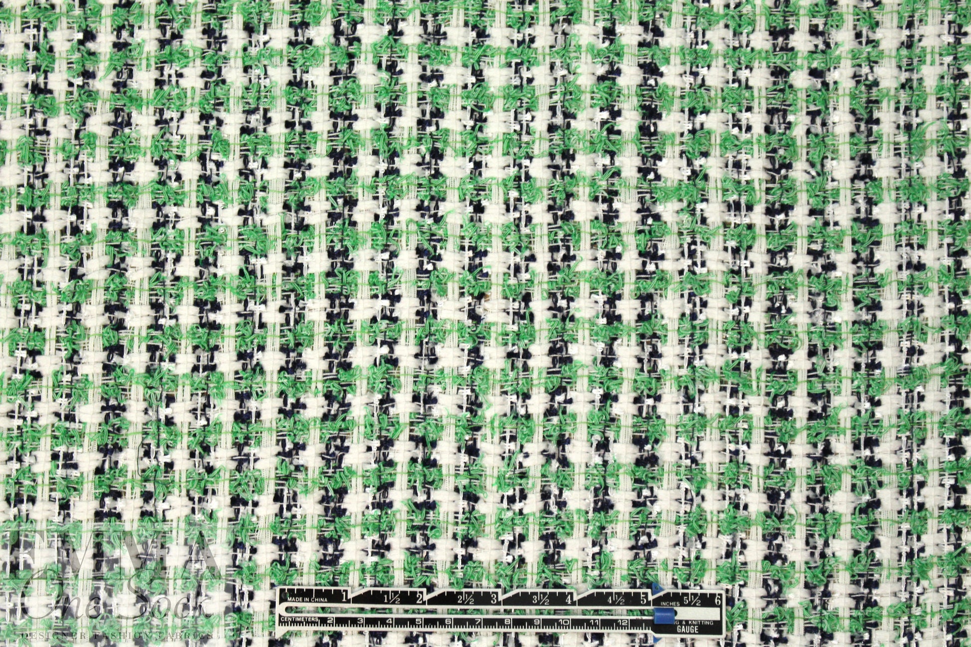 famous designer cotton blend boucle' - green/black/white 1.125 yds