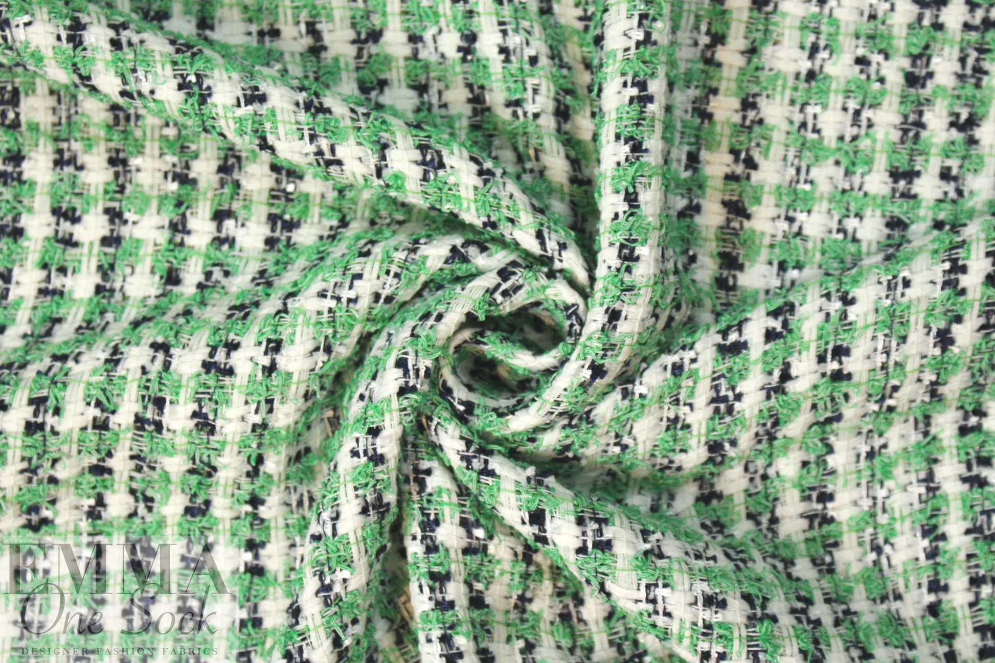 famous designer cotton blend boucle' - green/black/white 1.125 yds