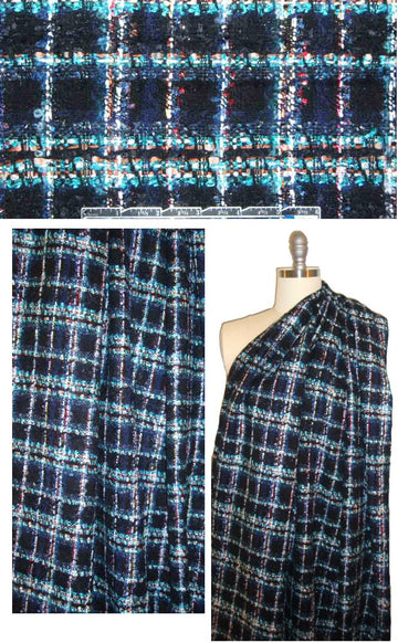 Lint0n navy/turquoise fancy weave plaid boucle'