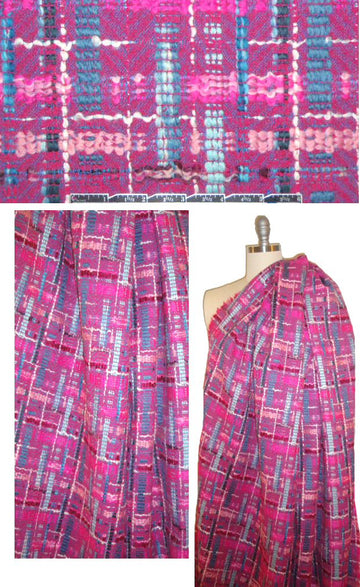 Italian pink/smokey blue 'decon plaid' textured boucle'