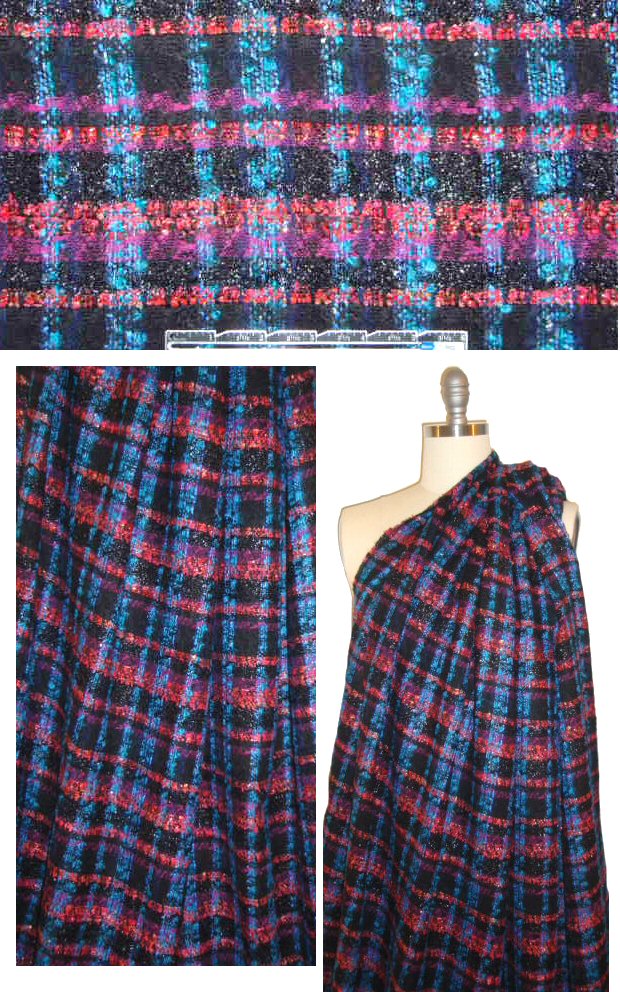 Lint0n turq/fuschia/black fancy weave plaid boucle'