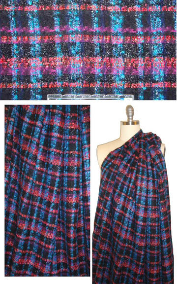 Lint0n turq/fuschia/black fancy weave plaid boucle'