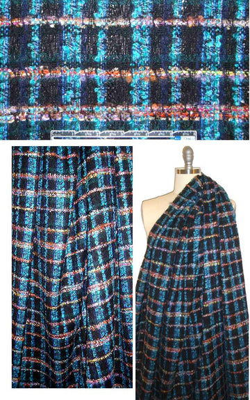 Lint0n navy/jade/lurex fancy weave plaid boucle'