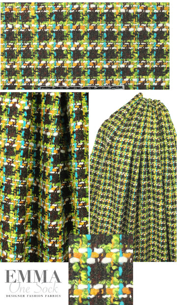 Italian wool blend boucle' plaid - lime/citrine/sienna