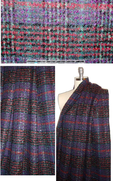 Italian purple/jade/red plaid wool boucle'
