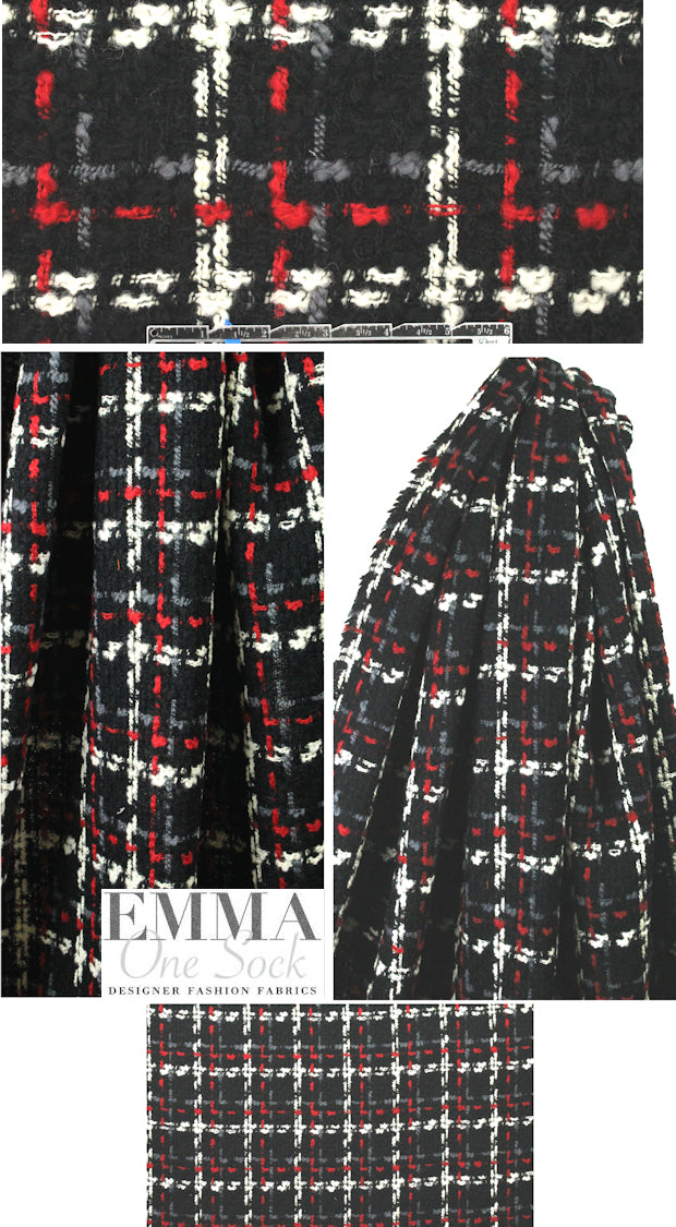 Italian 'dashy' plaid wool boucle' - red/black/gray