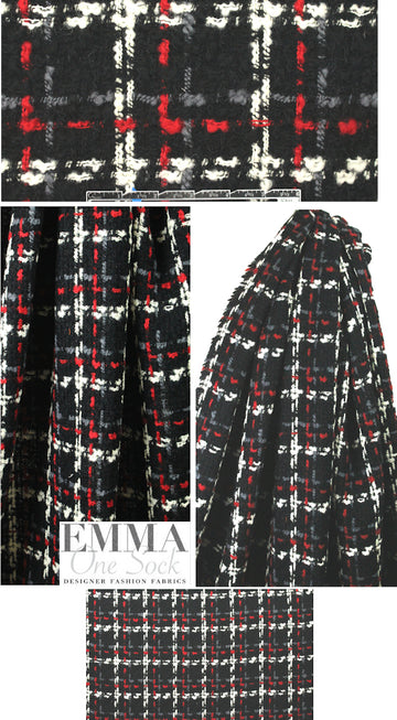 Italian 'dashy' plaid wool boucle' - red/black/gray
