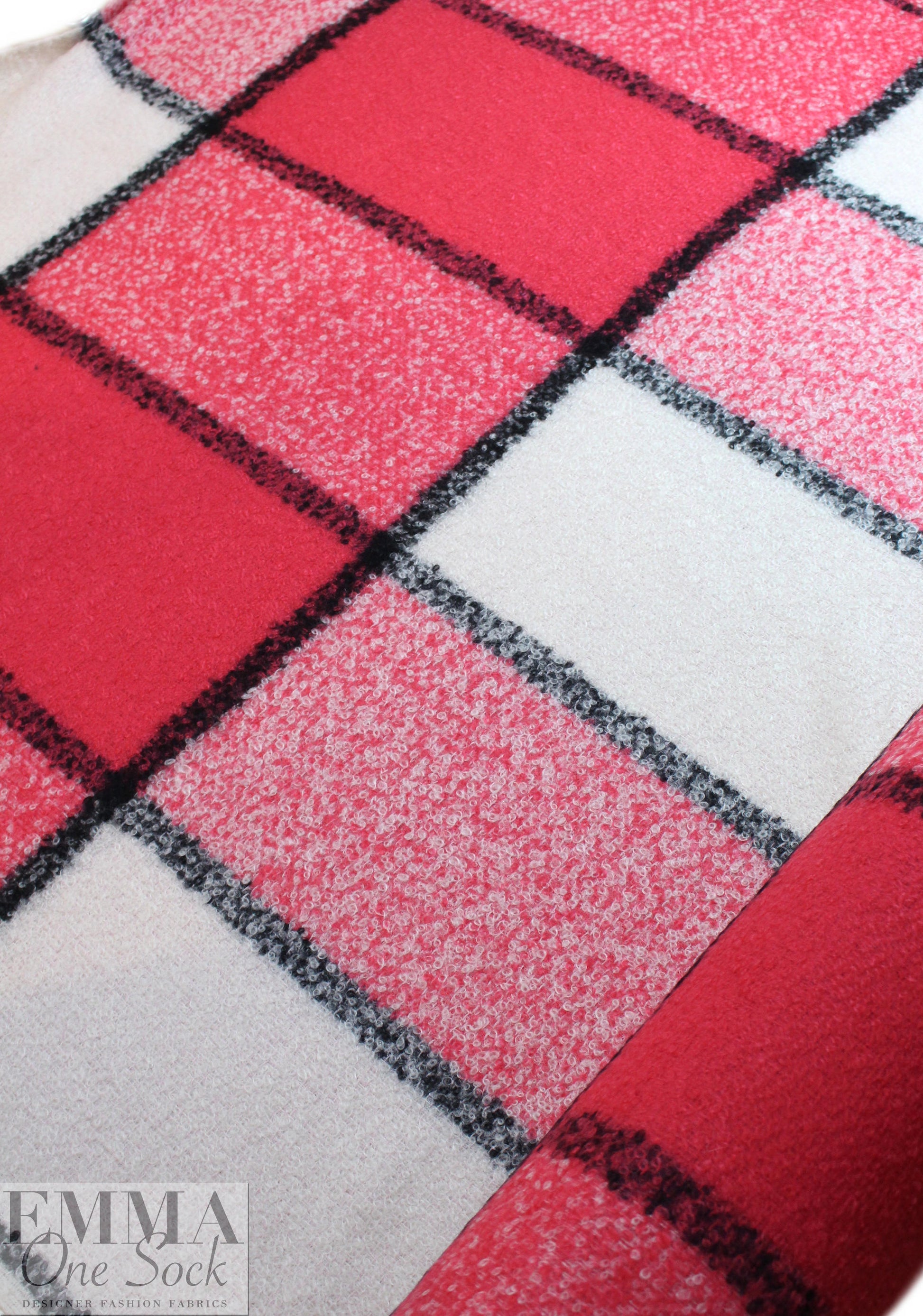 Italian wool boucle' oversized plaid - strawberry/black/cream 2 yds