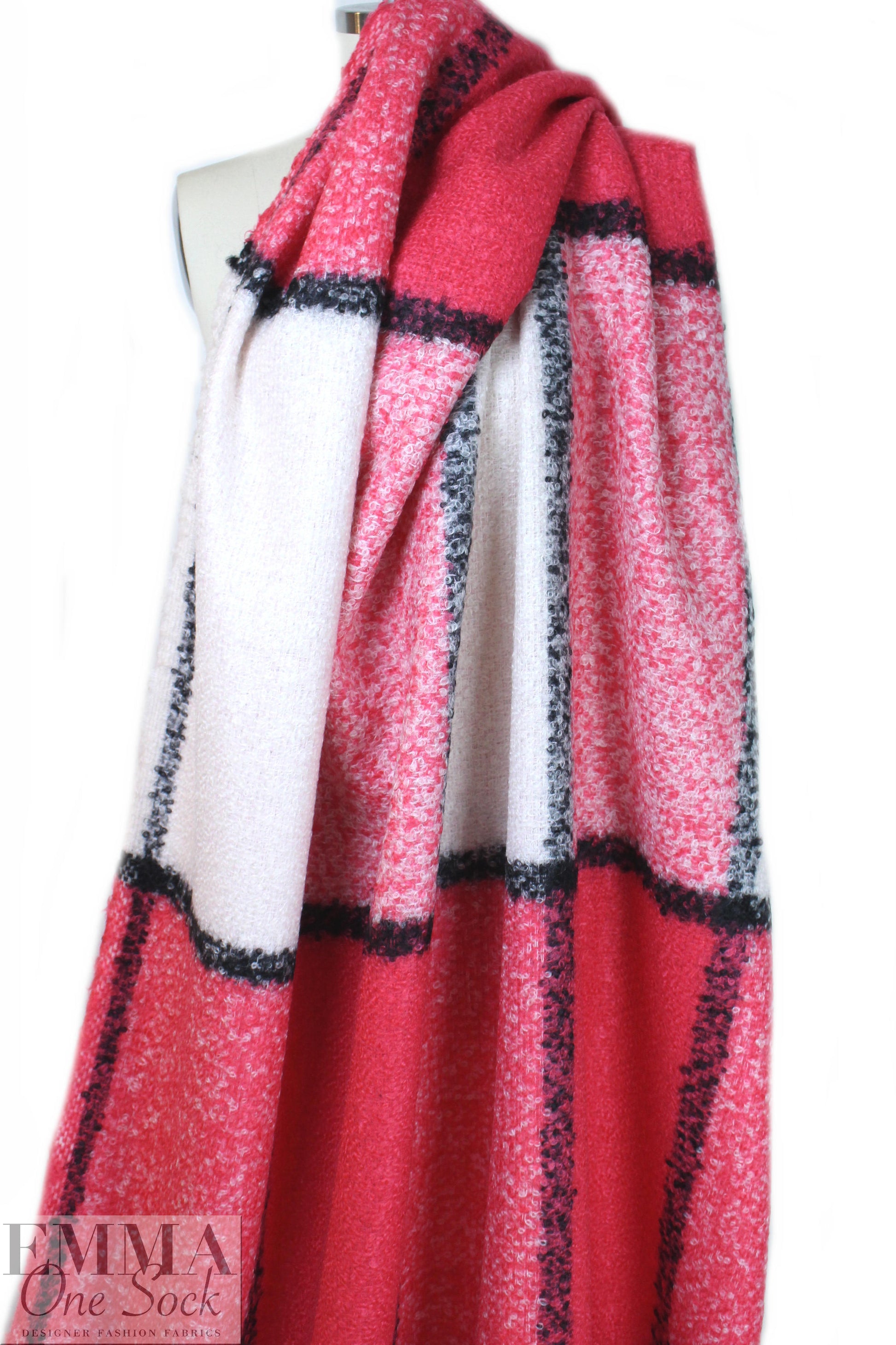 Italian wool boucle' oversized plaid - strawberry/black/cream 1 yard