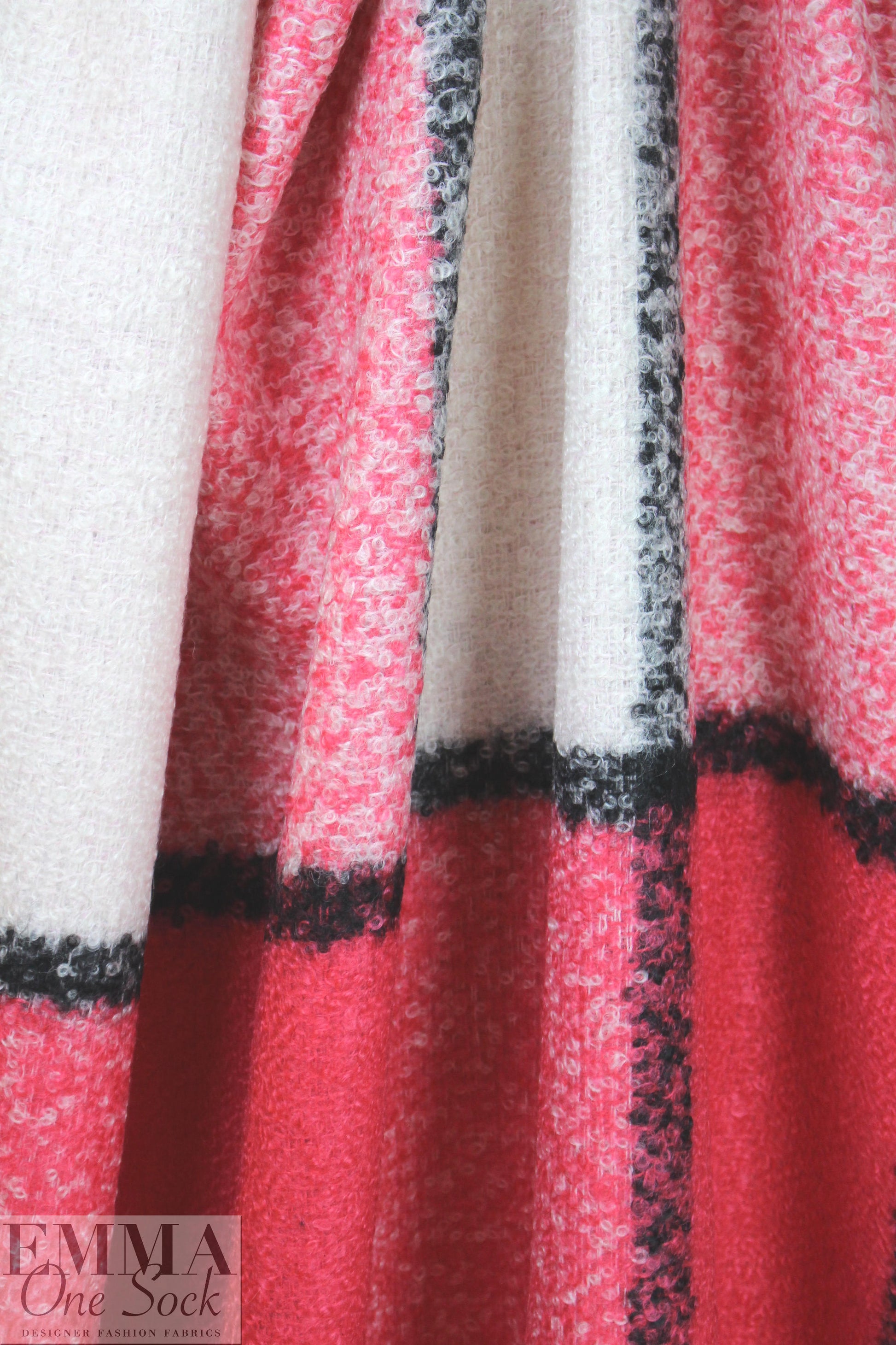 Italian wool boucle' oversized plaid - strawberry/black/cream 1 yard
