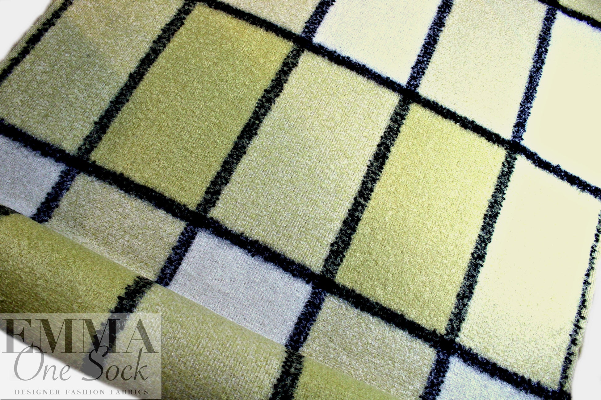 Italian wool boucle' oversized plaid - lemon/black/cream 1 yard