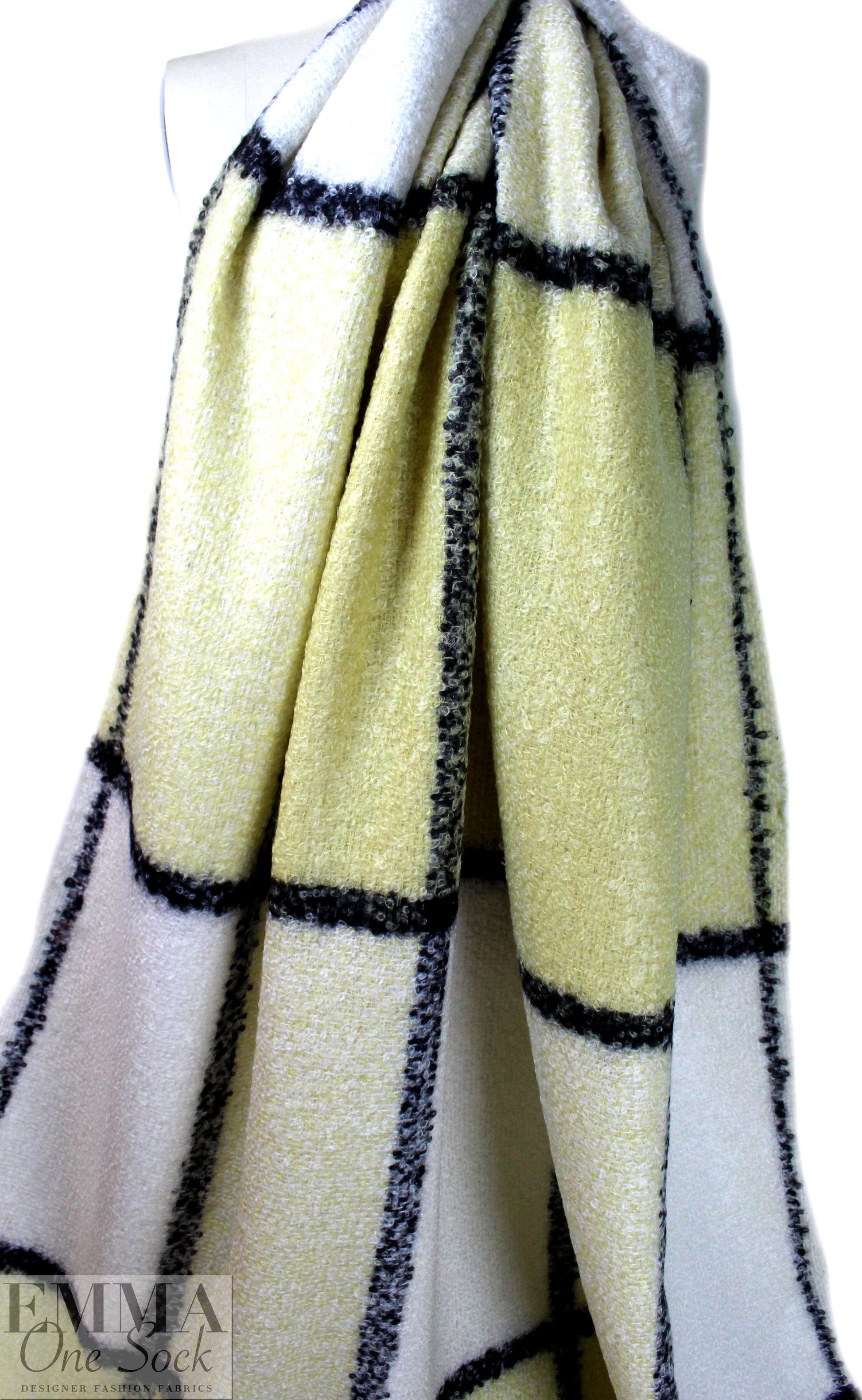 Italian wool boucle' oversized plaid - lemon/black/cream 1.125 yds