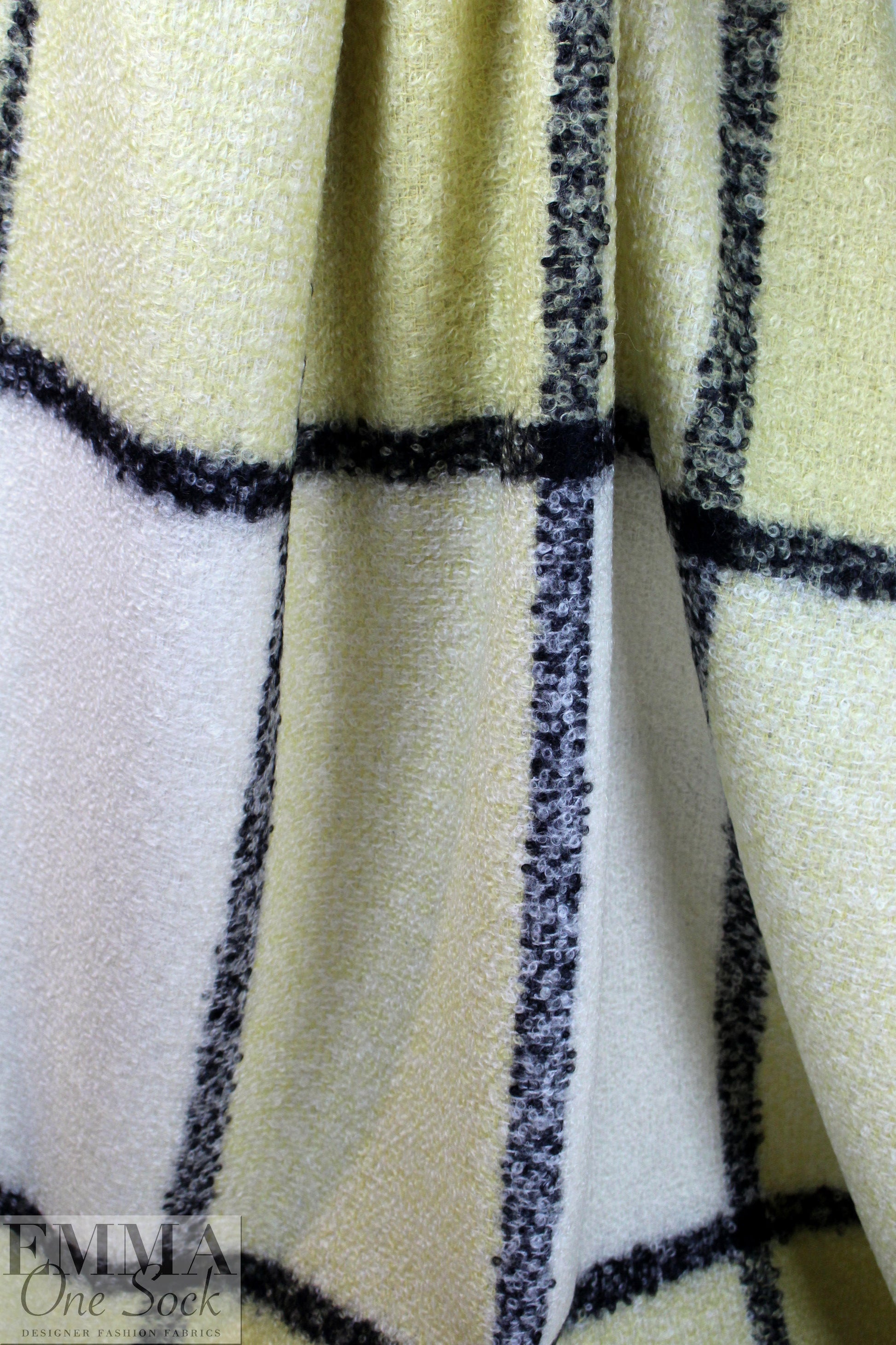 Italian wool boucle' oversized plaid - lemon/black/cream 1.125 yds