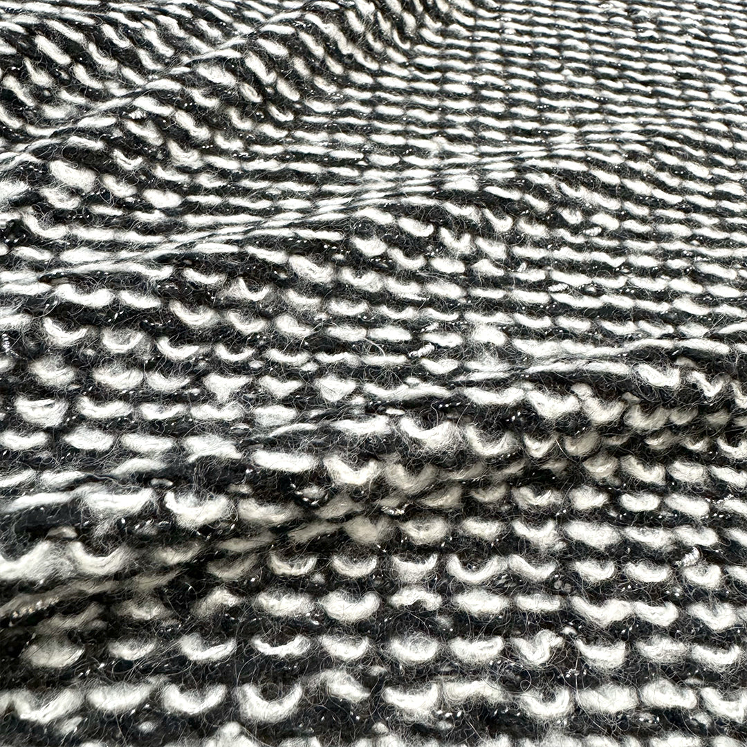 Italian alpaca blend boucle' sweater knit - black/white/metallic silver 1.375 yd