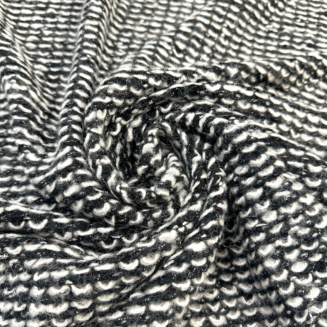 Italian alpaca blend boucle' sweater knit - black/white/metallic silver 1.375 yd