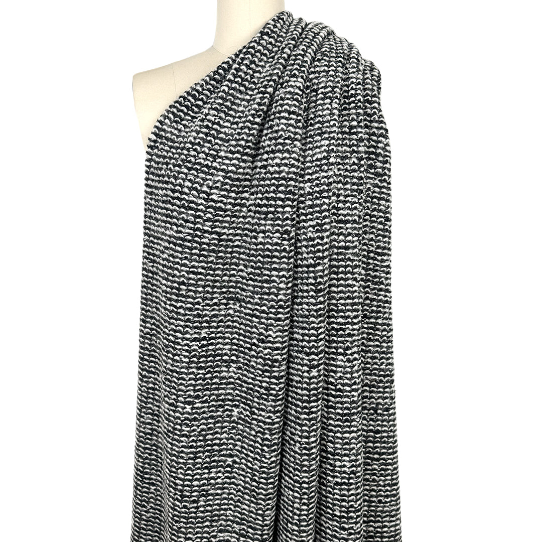 Italian alpaca blend boucle' sweater knit - black/white/metallic silver 1.375 yd