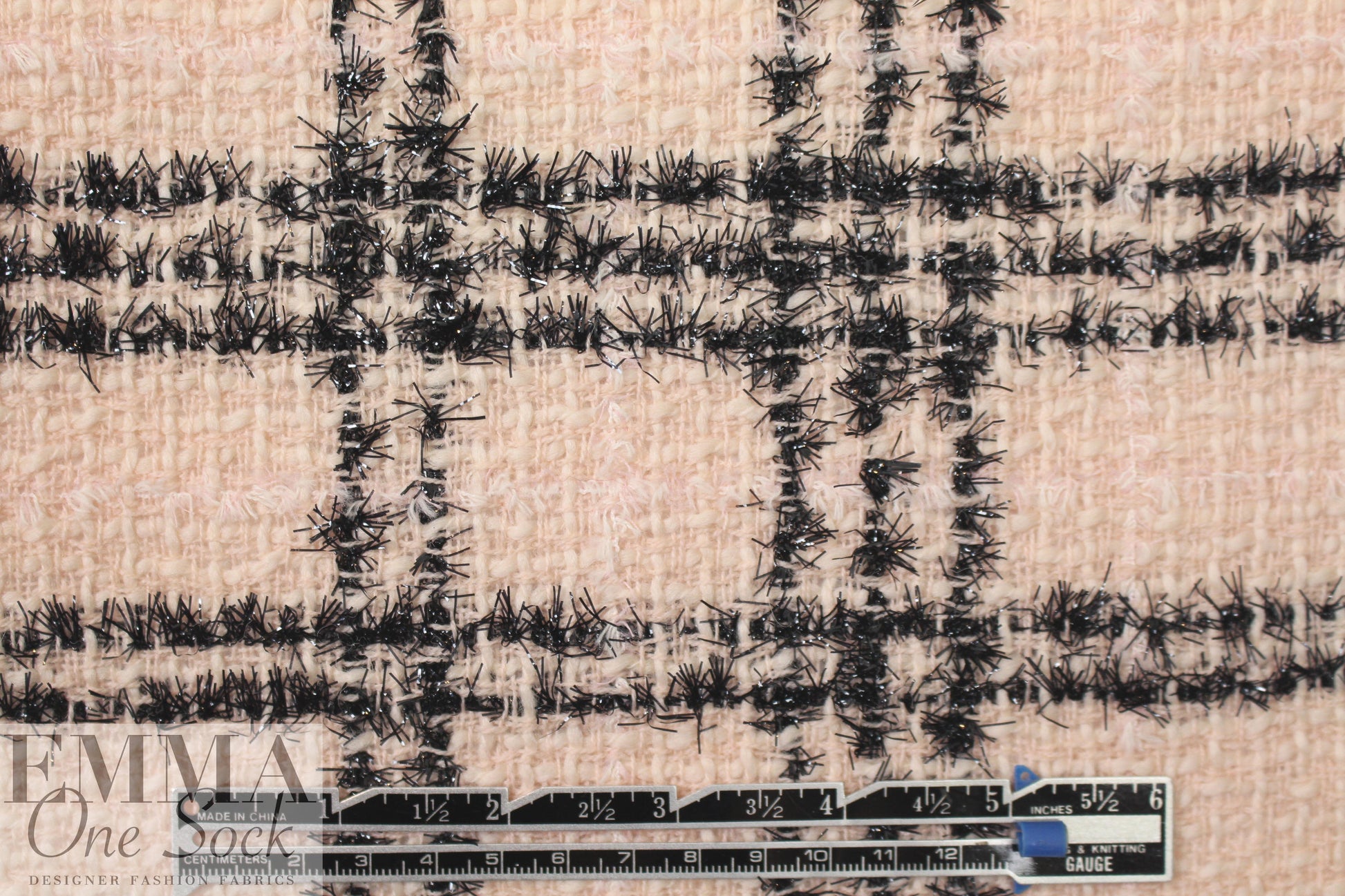 famous designer wool plaid boucle' - pink blush/black 1 yard
