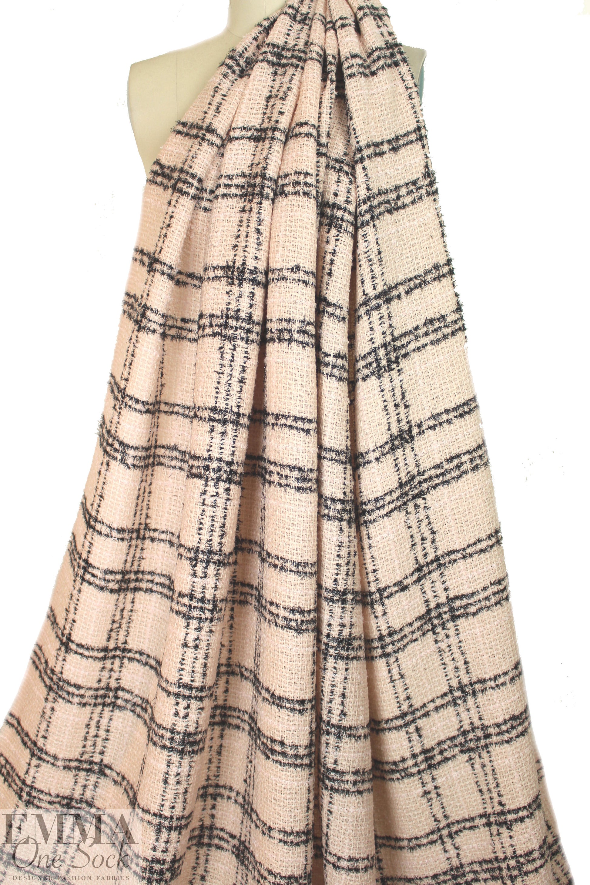 famous designer wool plaid boucle' - pink blush/black 1 yard