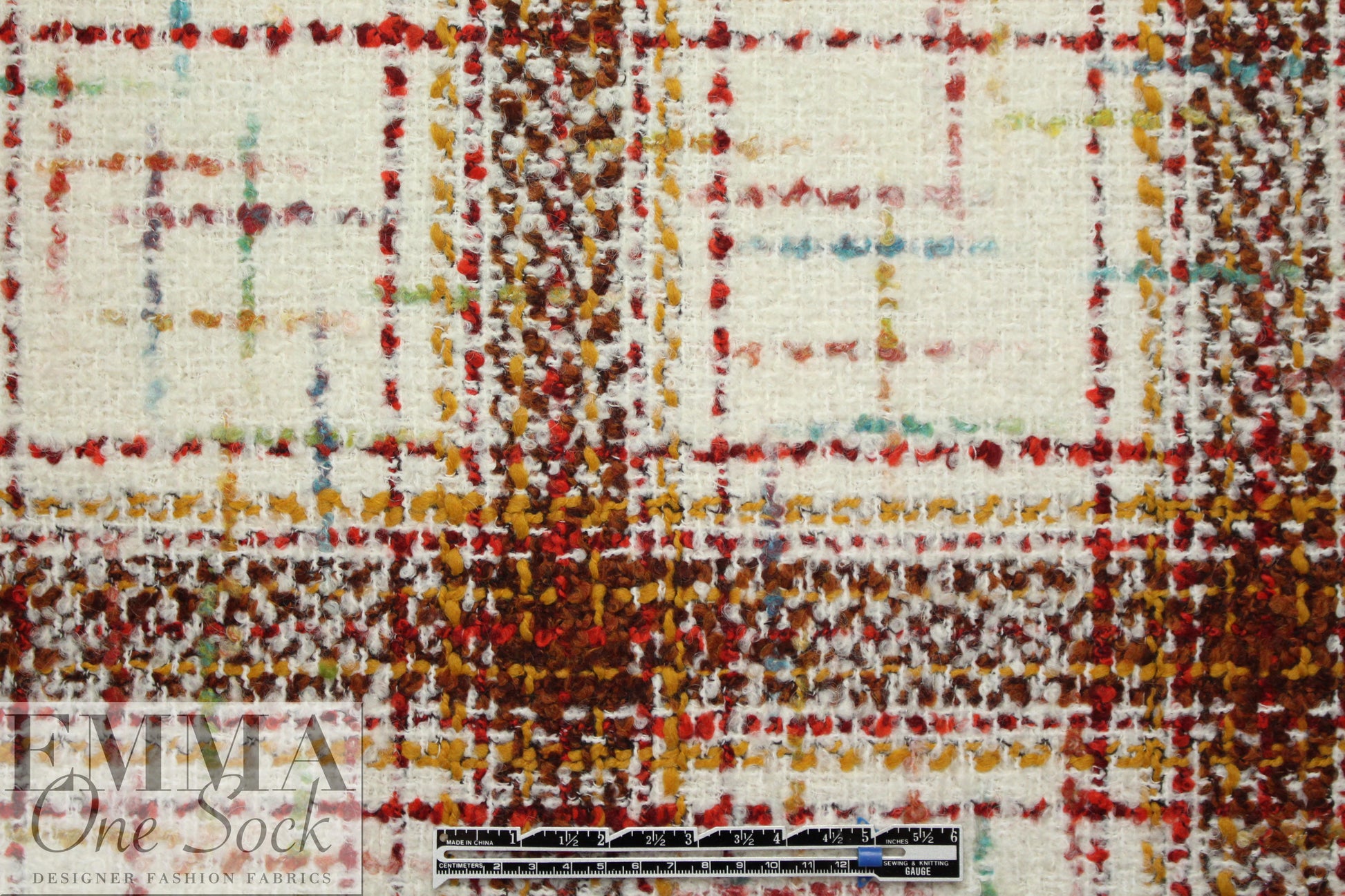 Italian wool blend boucle' plaid - cream/curry/aqua