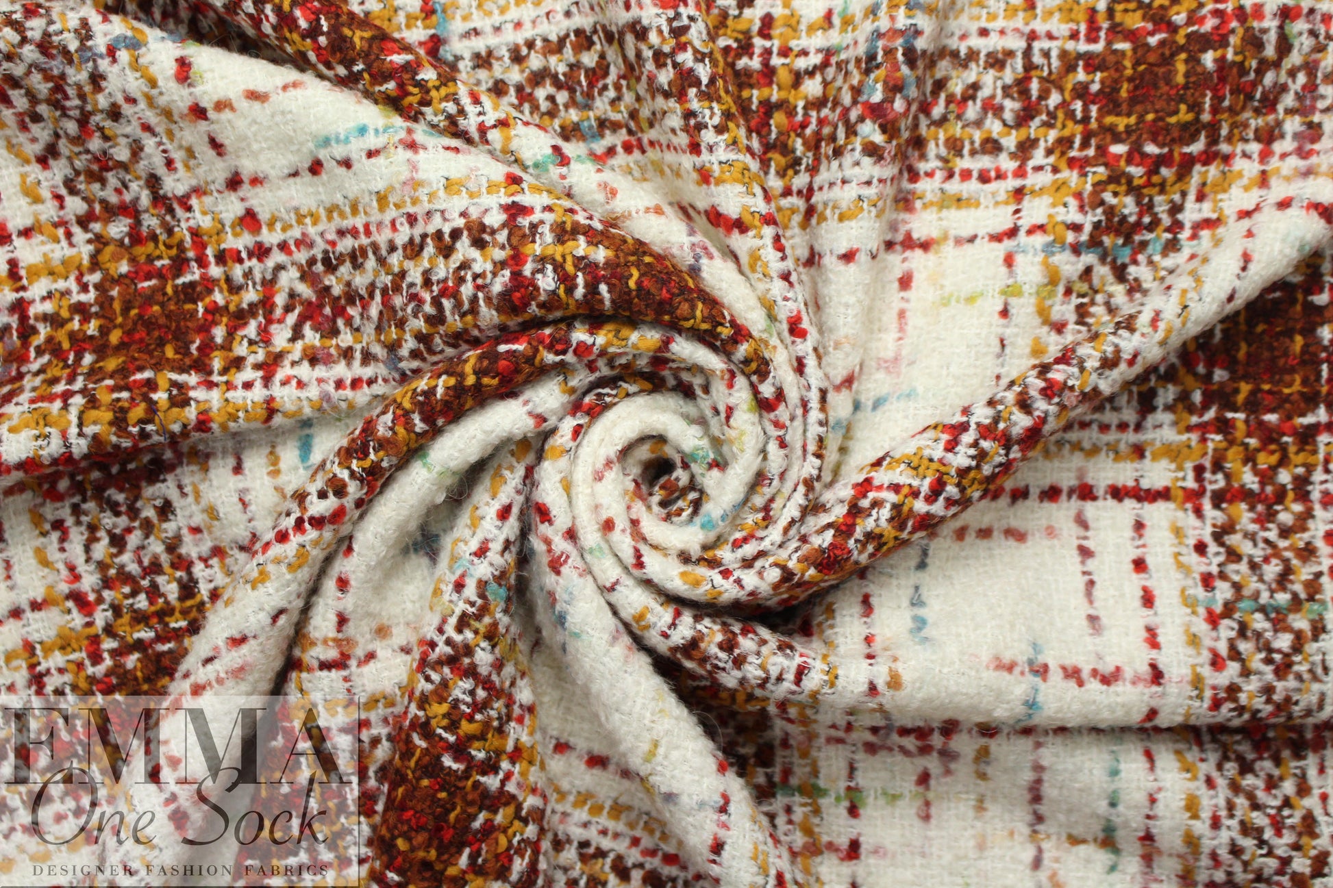 Italian wool blend boucle' plaid - cream/curry/aqua