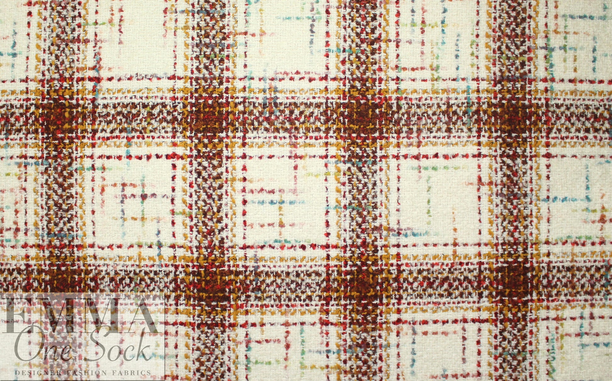 Italian wool blend boucle' plaid - cream/curry/aqua