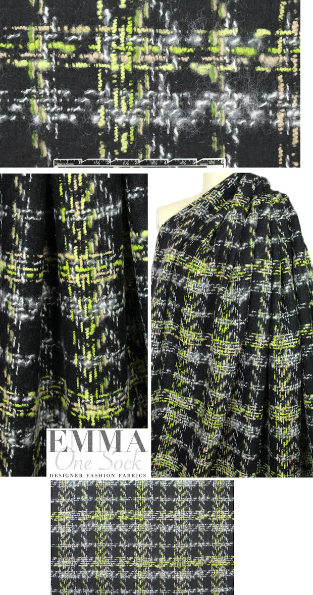 Italian wool boucle' plaid - lime/black/sand