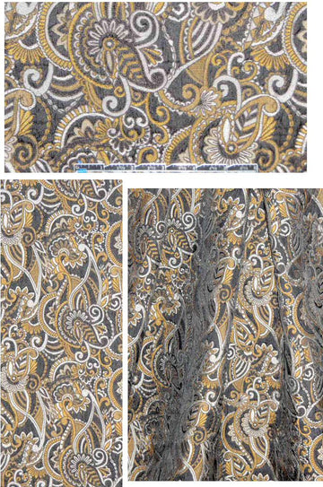 French black/gold/silver paisley textured brocade