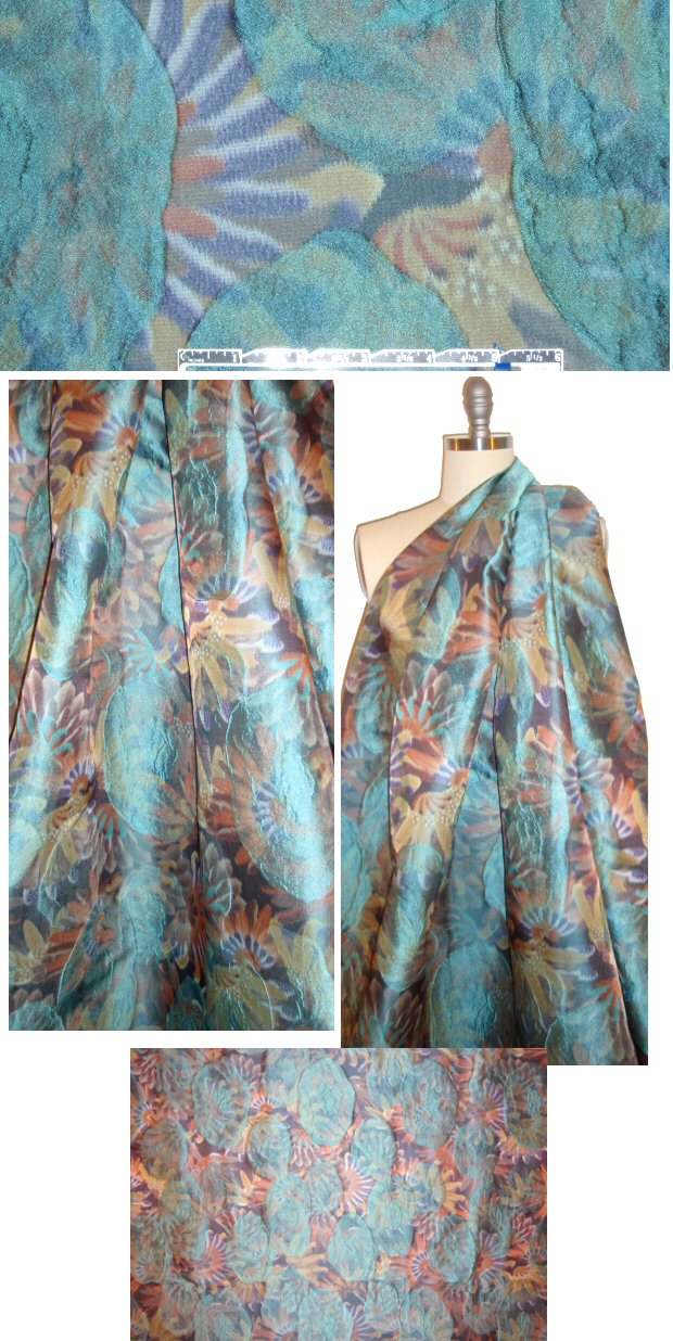 Italian aqua/copper fancy layered flowers brocade 1.125 yds