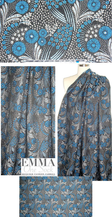 French flower motif jacquard brocade - blue/black