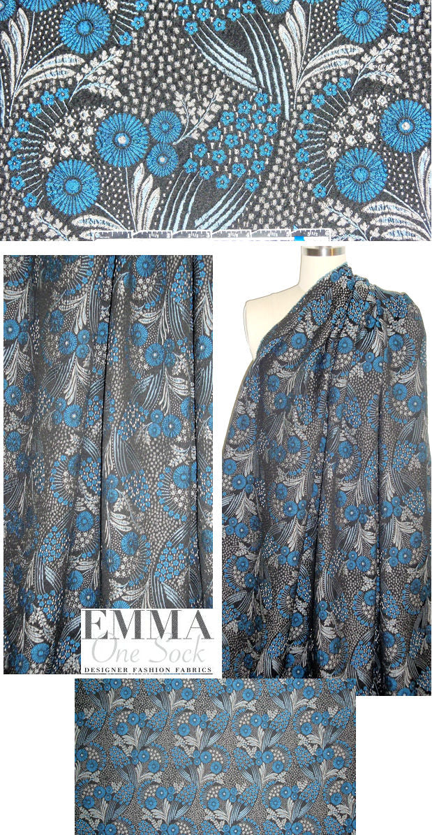 French flower motif jacquard brocade - blue/black 1.5 yds