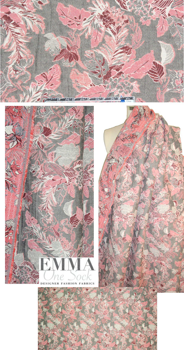 French salmon-pink/gray/port jacquard brocade