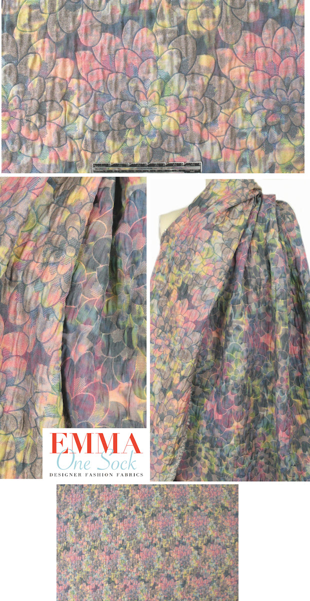 Italian overprinted floral jacquard brocade - denim