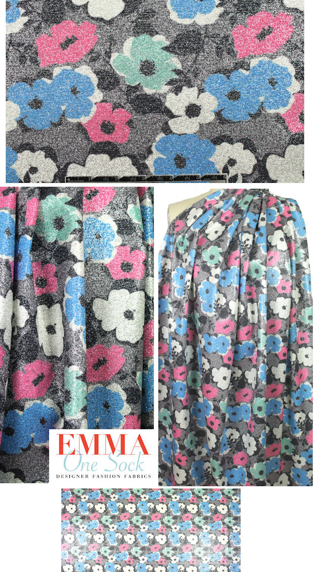 Italian sparkly flowers over-printed jacqu. - sky/pink .5 yds