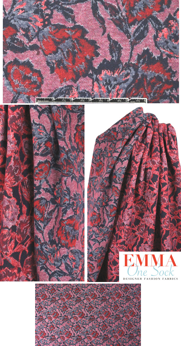 Italian jacquard floral brocade - red/wine/navy 1.5 yd