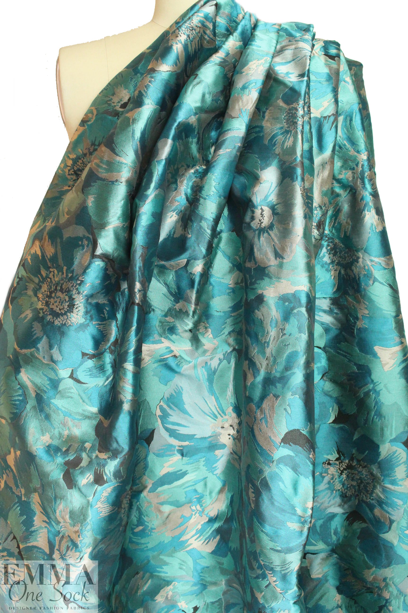 French painterly floral jacquard brocade - turquoise