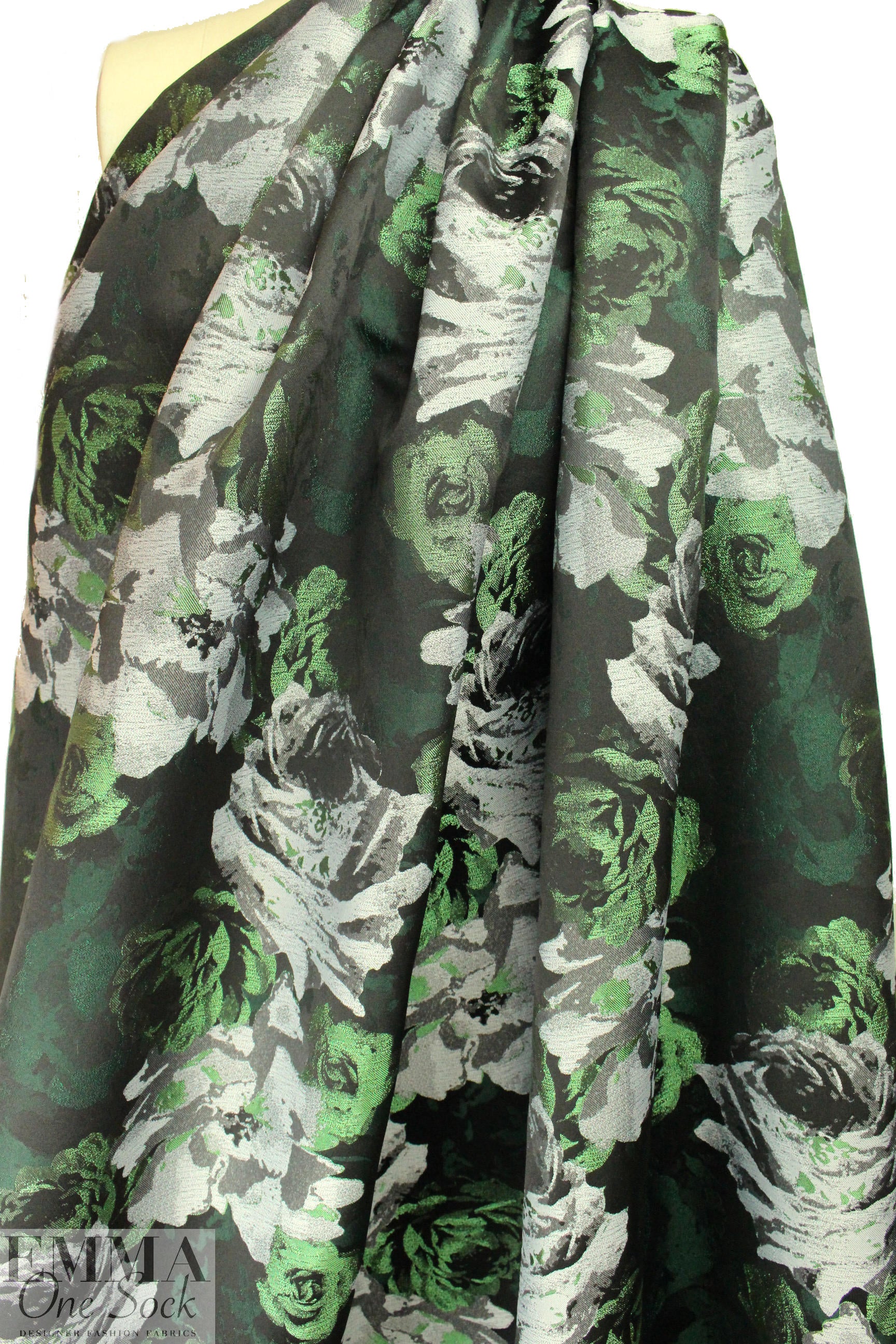 French painterly floral jacquard brocade - greens 2.125 yd
