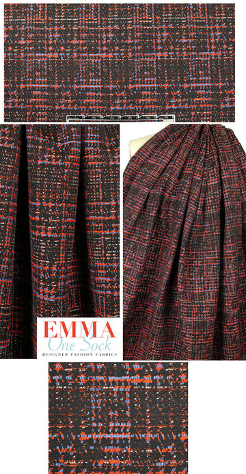 French red/cobalt/black plaid-like brocade