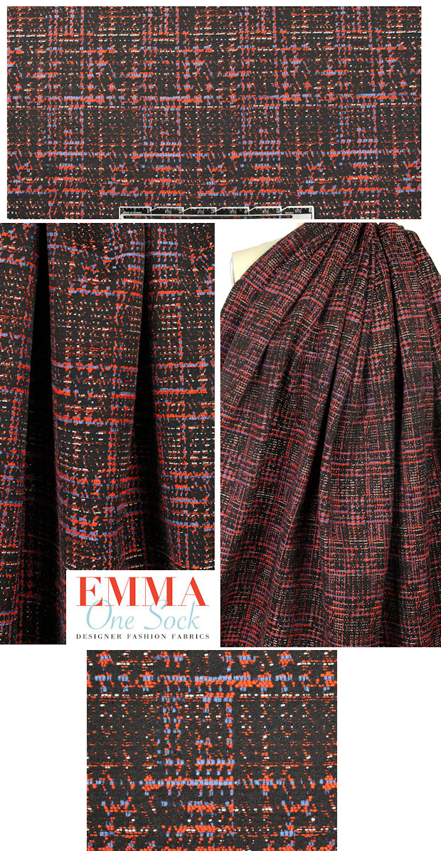 French red/cobalt/black plaid-like brocade 2 yd