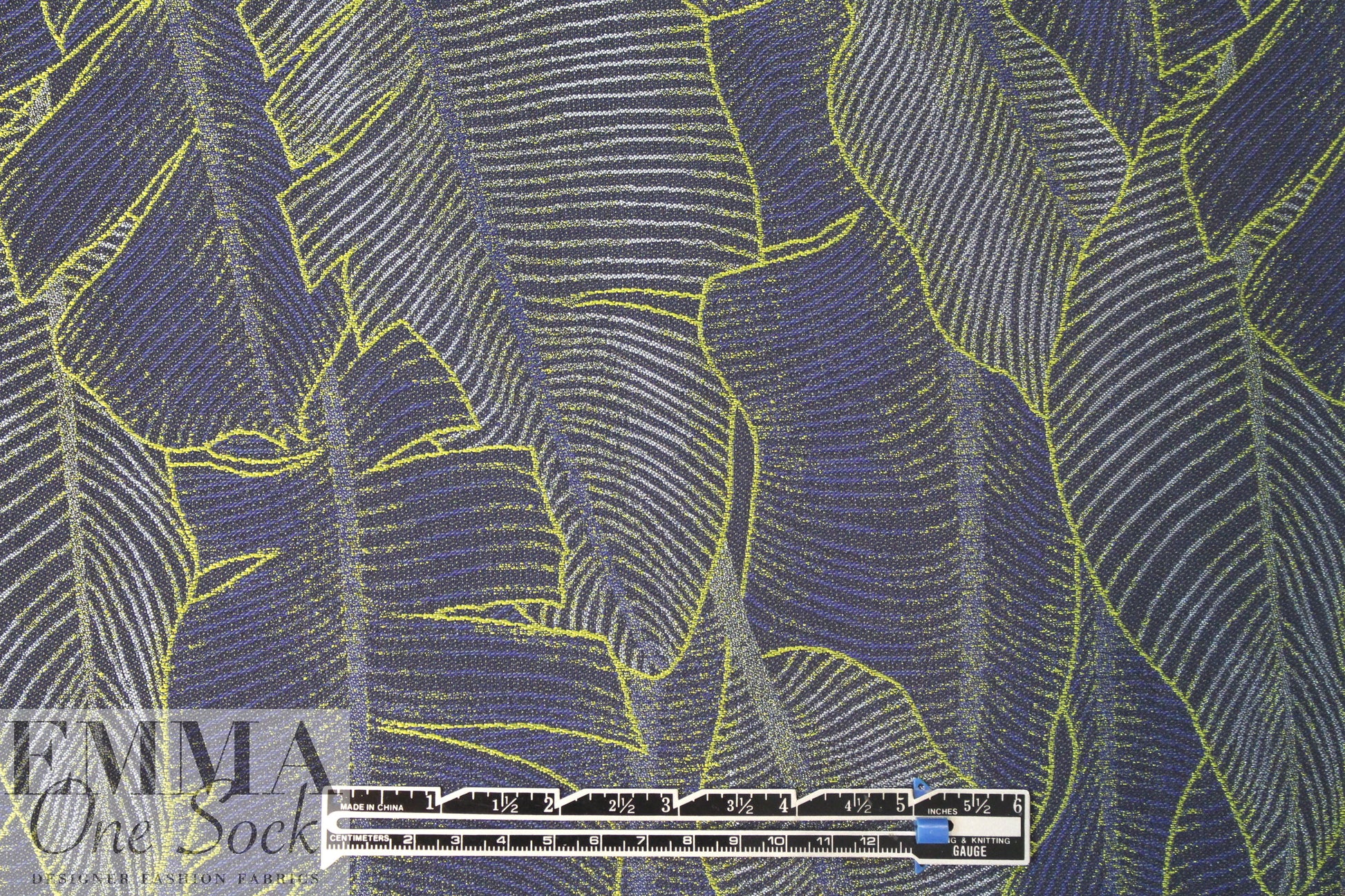 French stylized leaf brocade - sulpher/navy/light blue 1.5 yds