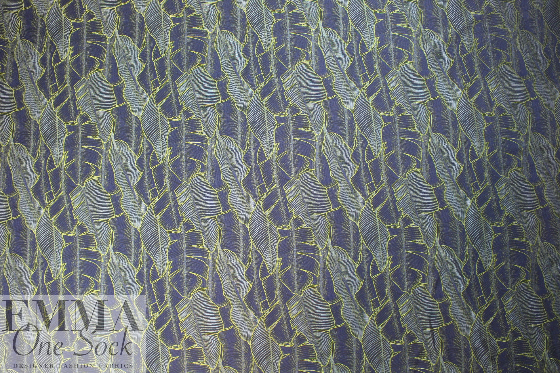 French stylized leaf brocade - sulpher/navy/light blue
