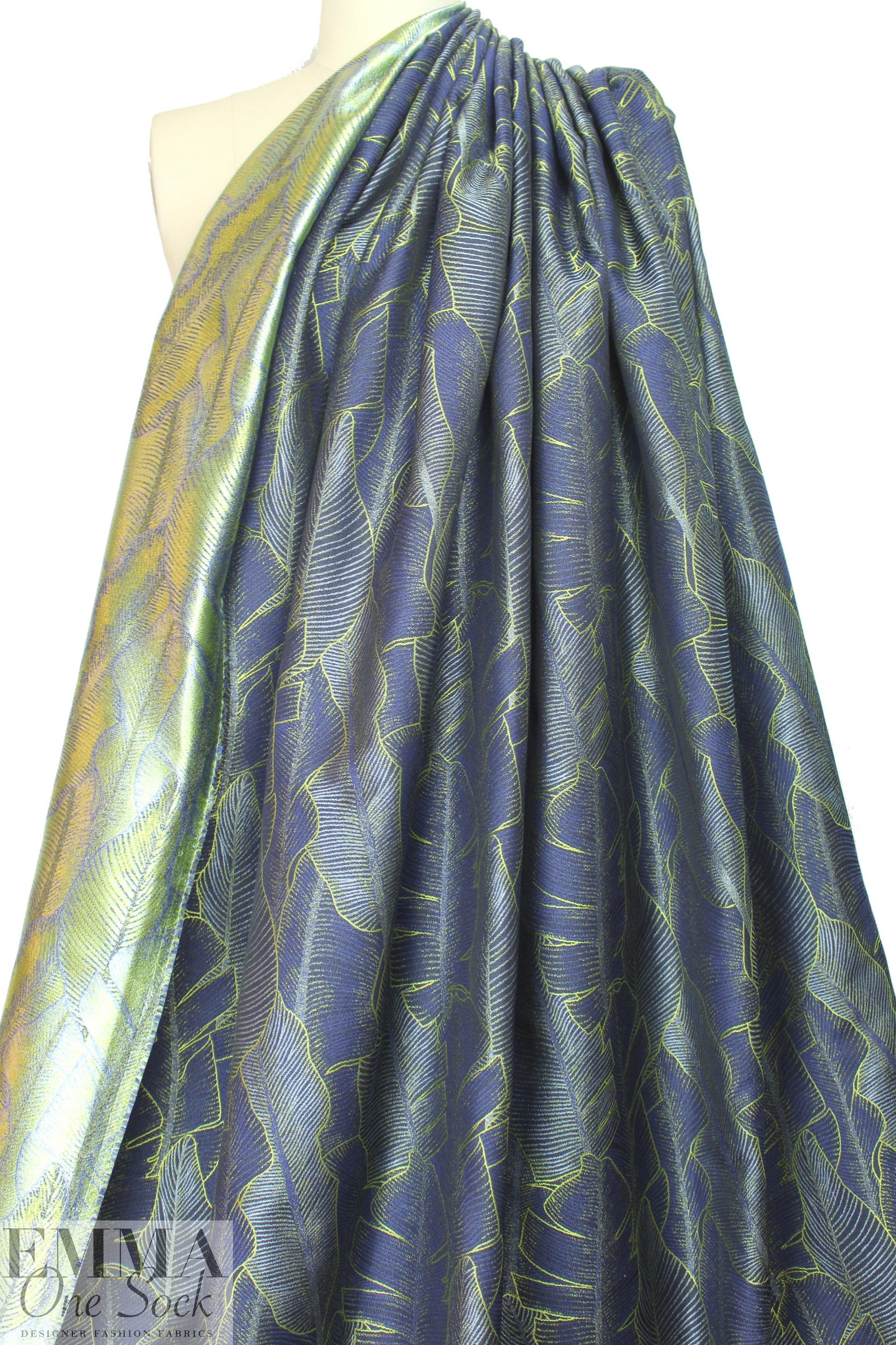 French stylized leaf brocade - sulpher/navy/light blue