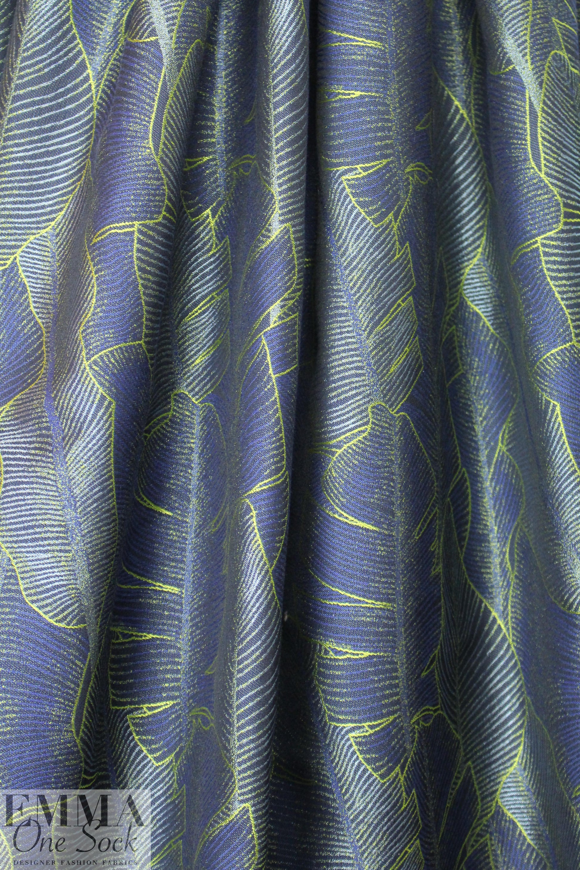 French stylized leaf brocade - sulpher/navy/light blue