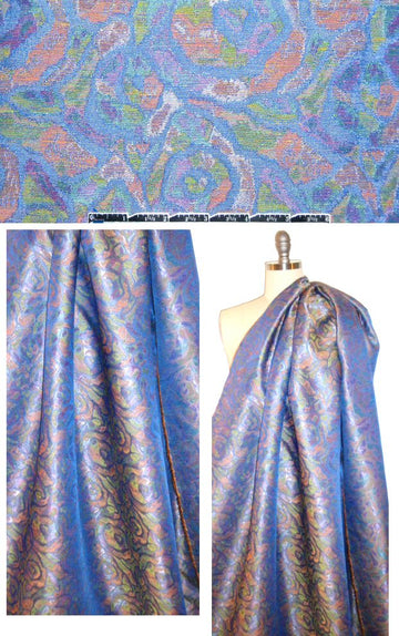 French mosaic flower jacquard brocade - blue/peach 1.25 yds