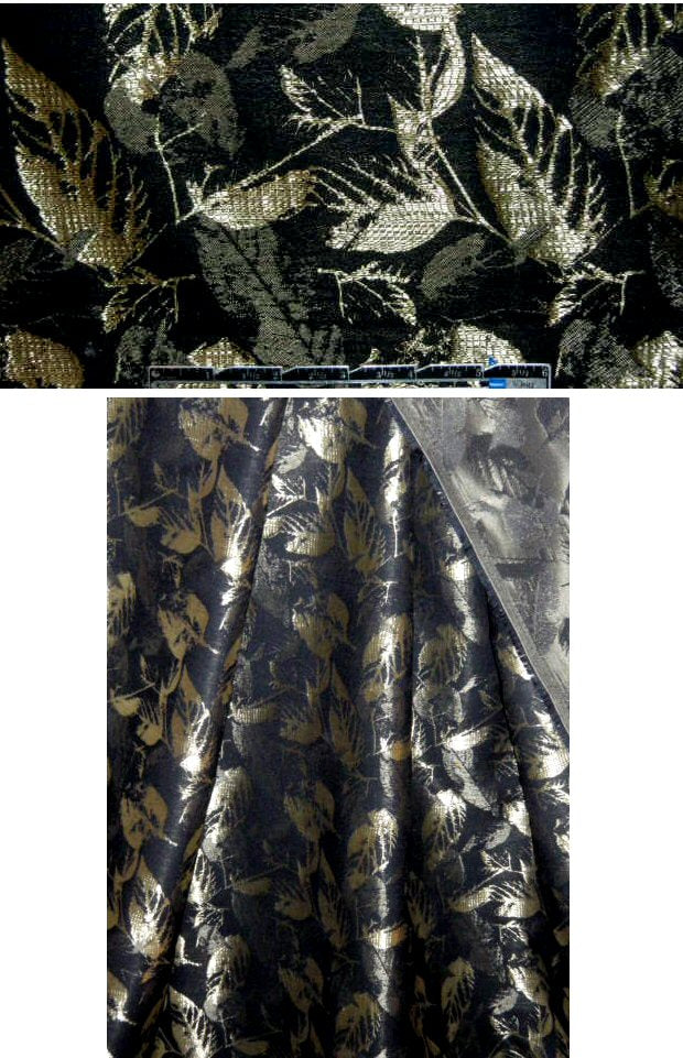 black/gold leaf design cotton blend jacquard 1.625 yd