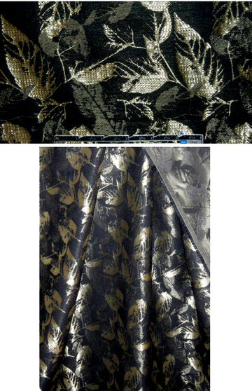 black/gold leaf design cotton blend jacquard 1.625 yd