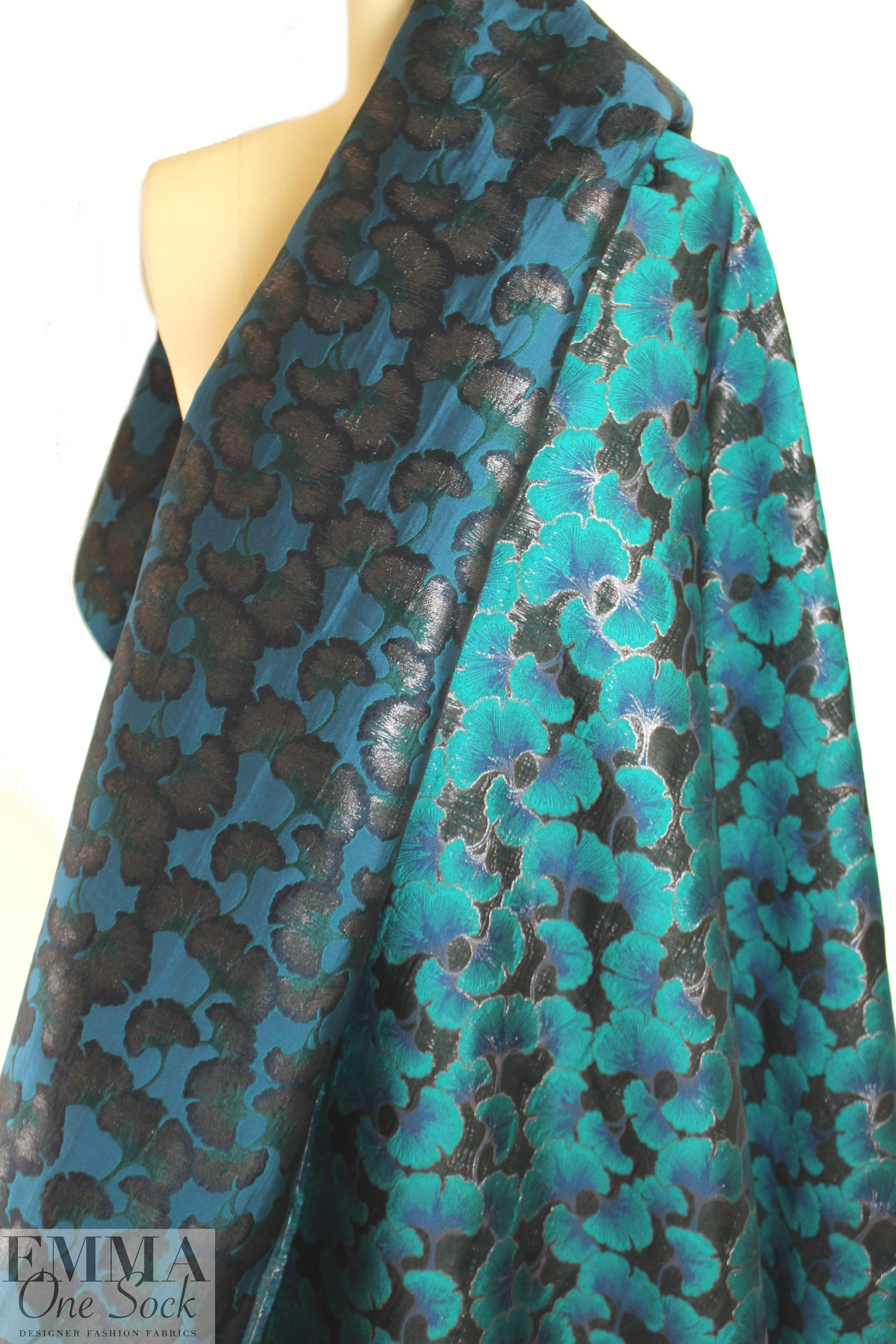 ginkgo leaves jacquard brocade - shades of teal .875 yds