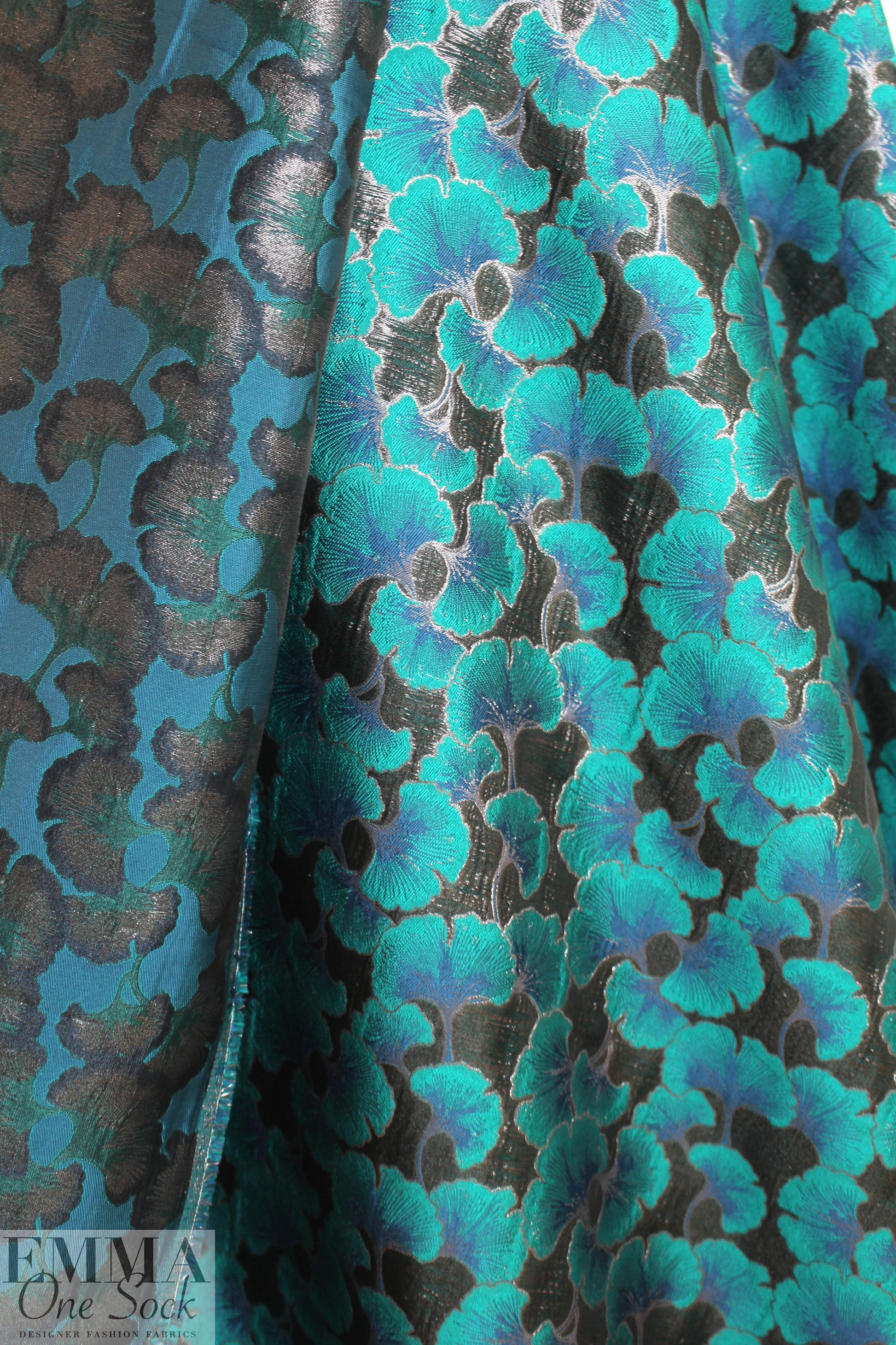ginkgo leaves jacquard brocade - shades of teal 1.625 yds